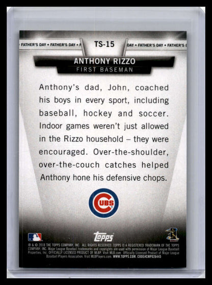 Chicago Cubs Baseball card of Anthony Rizzo highlighting family coaching experiences