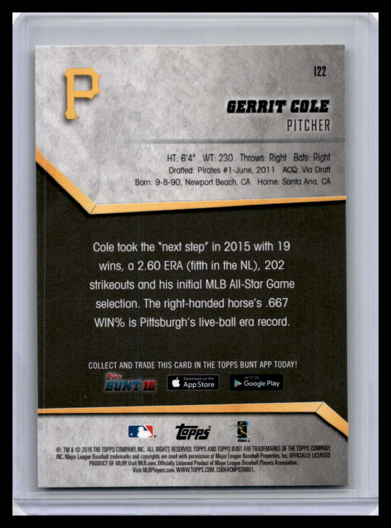 Back of 2016 Topps Bunt #122 Gerrit Cole card with Pittsburgh Pirates stats and bio