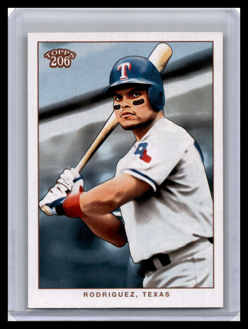 Ivan Rodriguez Texas Rangers Baseball Card in white uniform at the plate