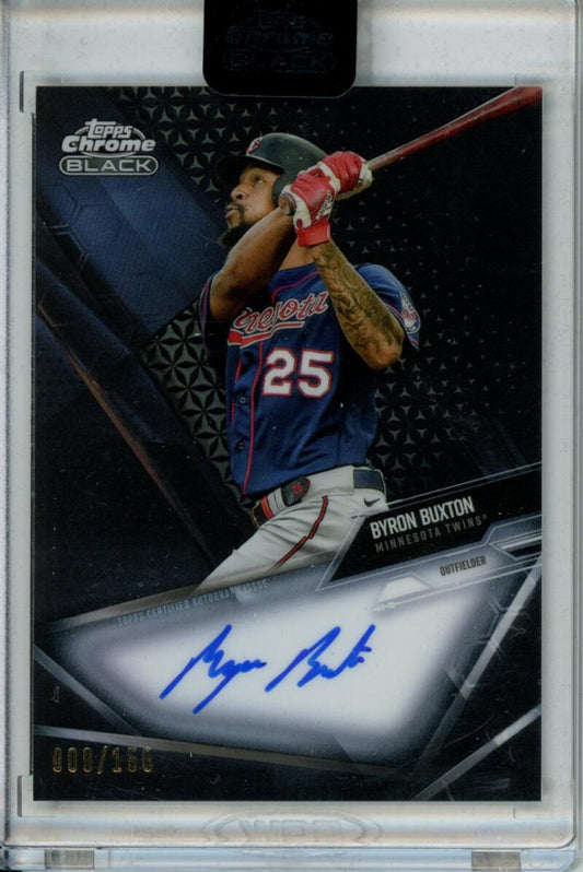 Signed Byron Buxton Minnesota Twins baseball card in navy blue jersey, Topps Chrome Black Refractor