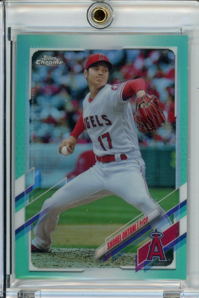 Baseball card of Shohei Ohtani in Anaheim Angels uniform from Topps Chrome 2021