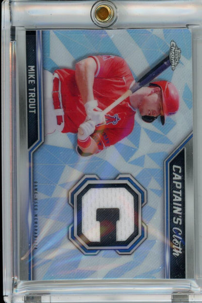 Baseball trading card of Mike Trout, Los Angeles Angels, with cloth relics refractor patch