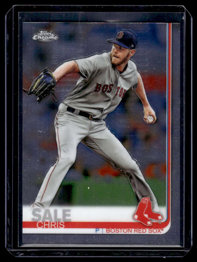 Baseball card of Chris Sale in mid-throw wearing a gray Boston Red Sox uniform