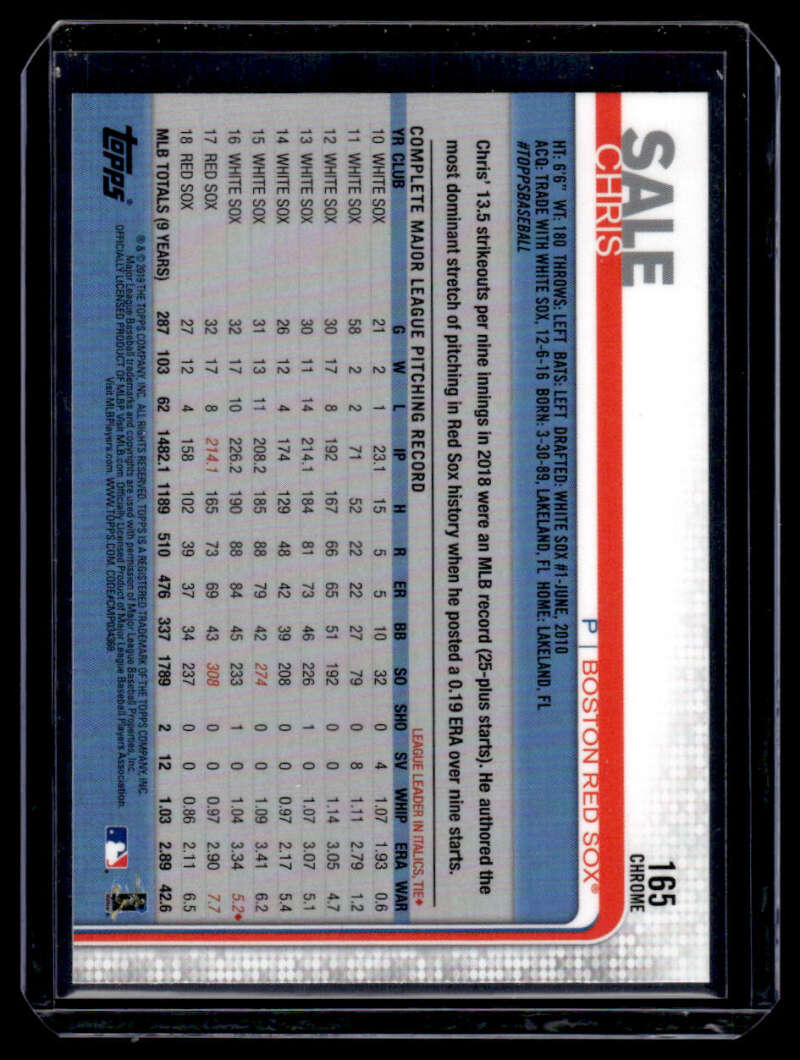 Back of 2019 Topps Chrome Chris Sale card, featuring Red Sox player stats and info