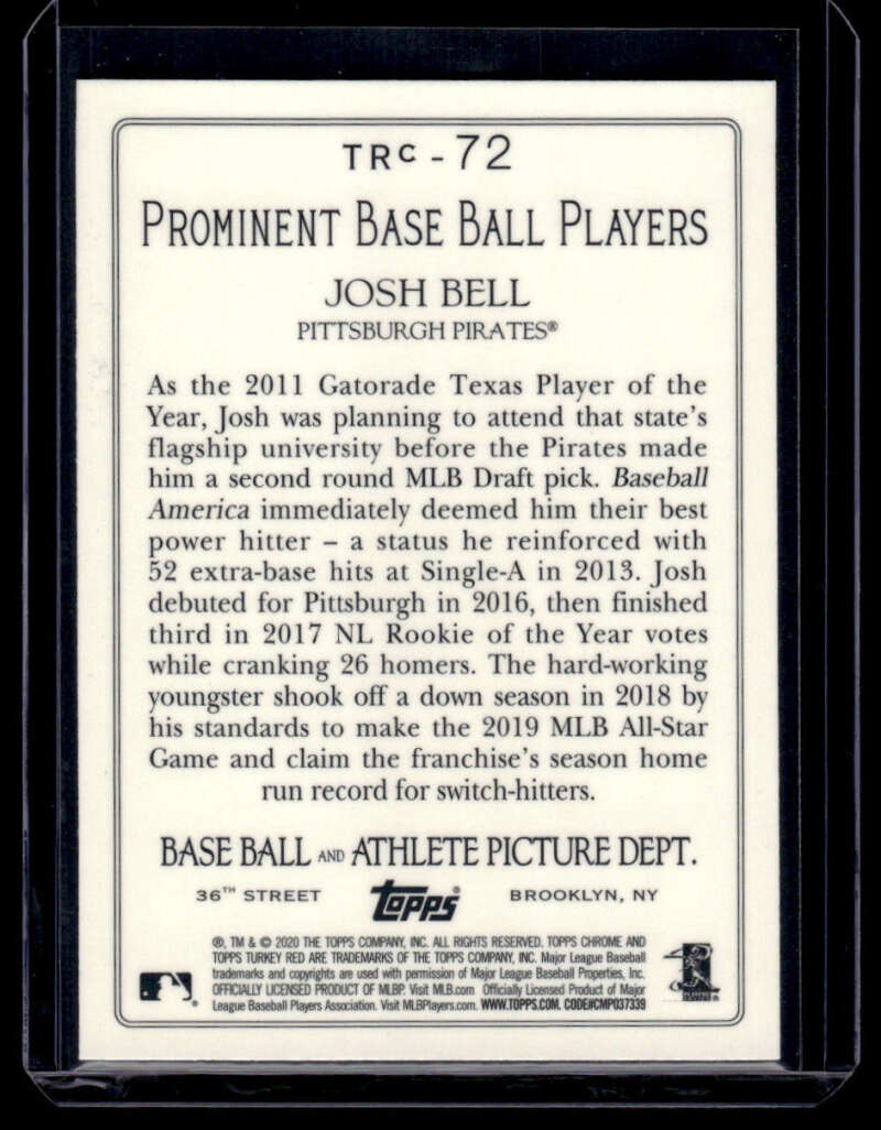 Josh Bell Pittsburgh Pirates baseball card detailing player stats and achievements