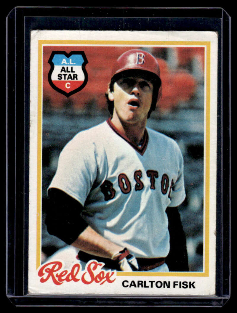 1978 Topps Carlton Fisk baseball card featuring Boston Red Sox player in white uniform