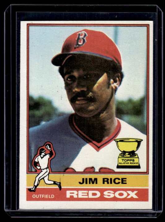 Vintage 1976 Topps Jim Rice Boston Red Sox baseball card with red cap