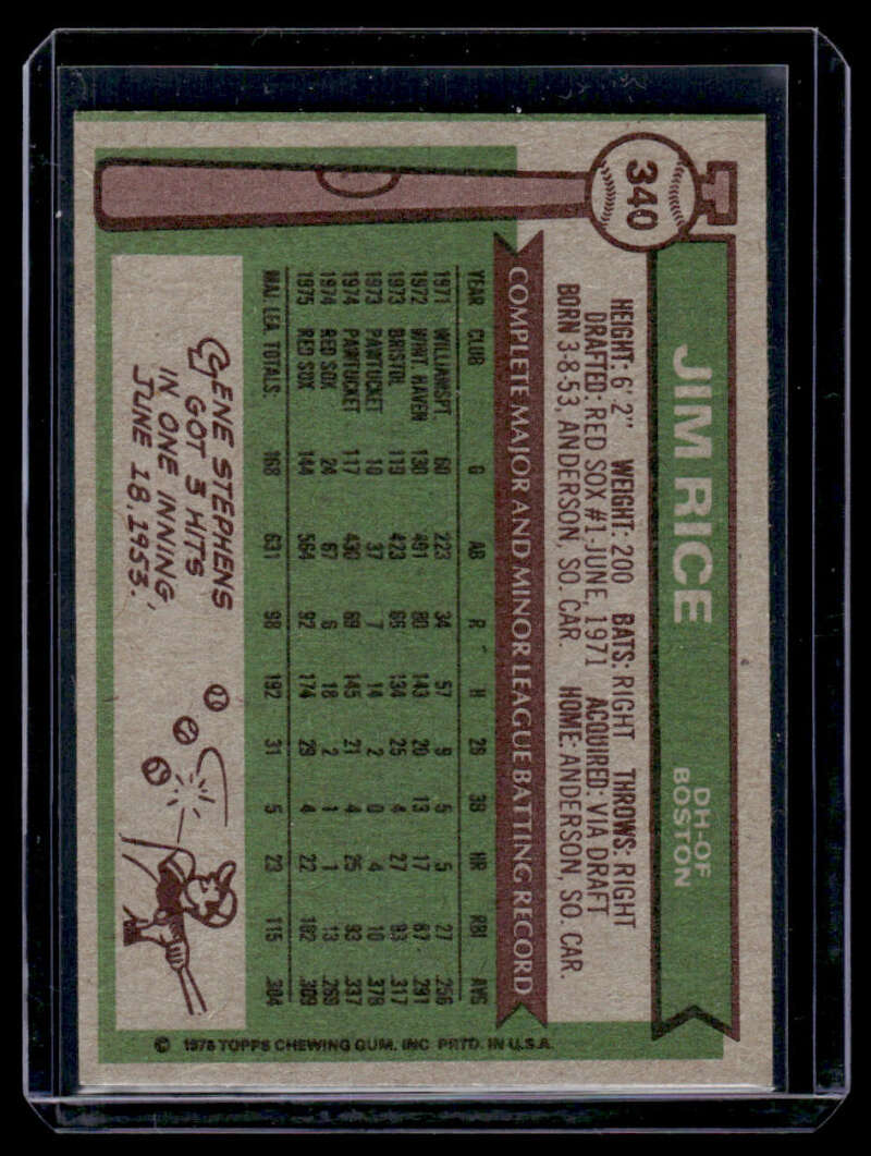 1976 Topps #340 Jim Rice Baseball Card featuring player stats on green background