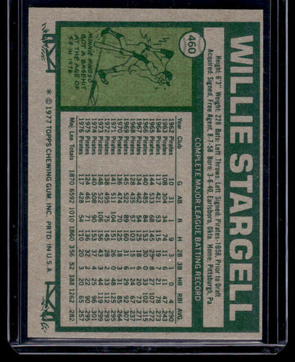 Vintage 1977 Topps #460 Willie Stargell Baseball Card featuring Pittsburgh Pirates stats and art