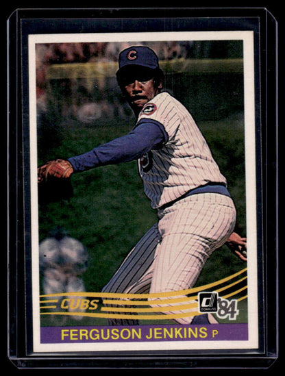 Vintage baseball card of Ferguson Jenkins pitching in pinstripe Cubs uniform