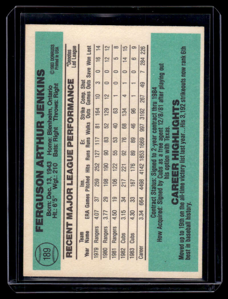 Vintage 1984 Donruss Ferguson Jenkins Baseball Card with teal sections and stats