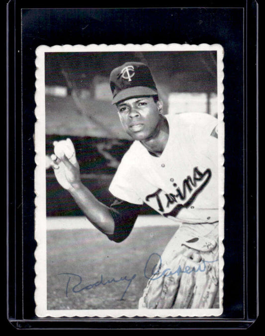 Black and white image of Rod Carew in Minnesota Twins uniform for baseball card