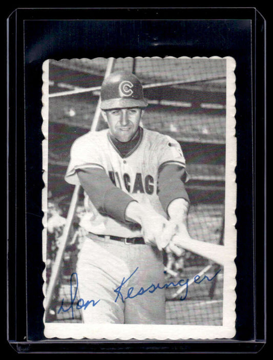 Black and white photo of Don Kessinger, Chicago Cubs player, holding a bat for baseball card