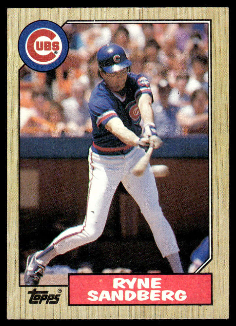 Vintage 1987 Topps Ryne Sandberg Chicago Cubs Baseball Card with player swinging bat