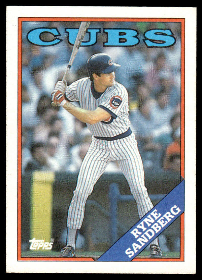 1988 Topps Ryne Sandberg Chicago Cubs Baseball Card featuring player in pinstripe uniform