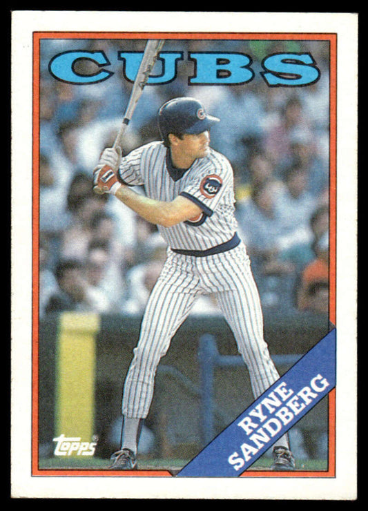 1988 Topps Ryne Sandberg Chicago Cubs Baseball Card featuring player in pinstripe uniform