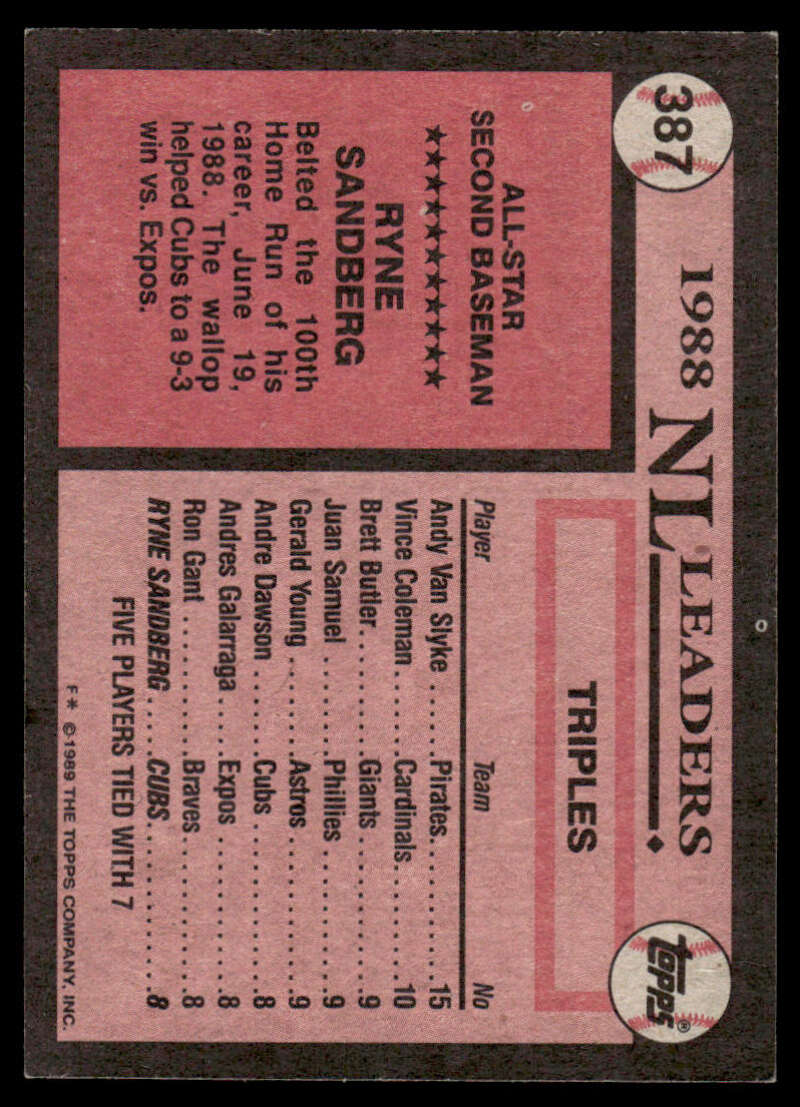 Pink 1989 Topps #387 Ryne Sandberg Chicago Cubs Baseball Card with black text and numbers