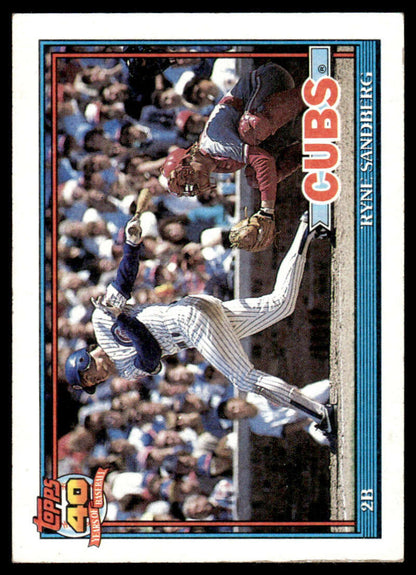 Ryne Sandberg sliding into home plate on a Chicago Cubs baseball card from 1991 Topps