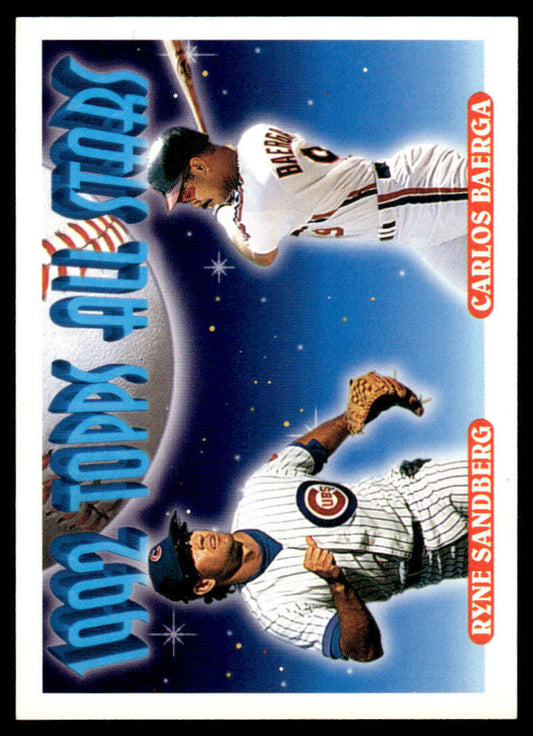 Baseball card featuring Sandberg Baerga in Twins uniforms against starry backdrop