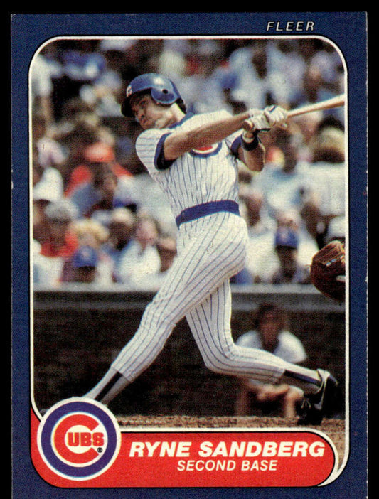 Ryne Sandberg swinging a bat on a Chicago Cubs baseball card from 1986 Fleer