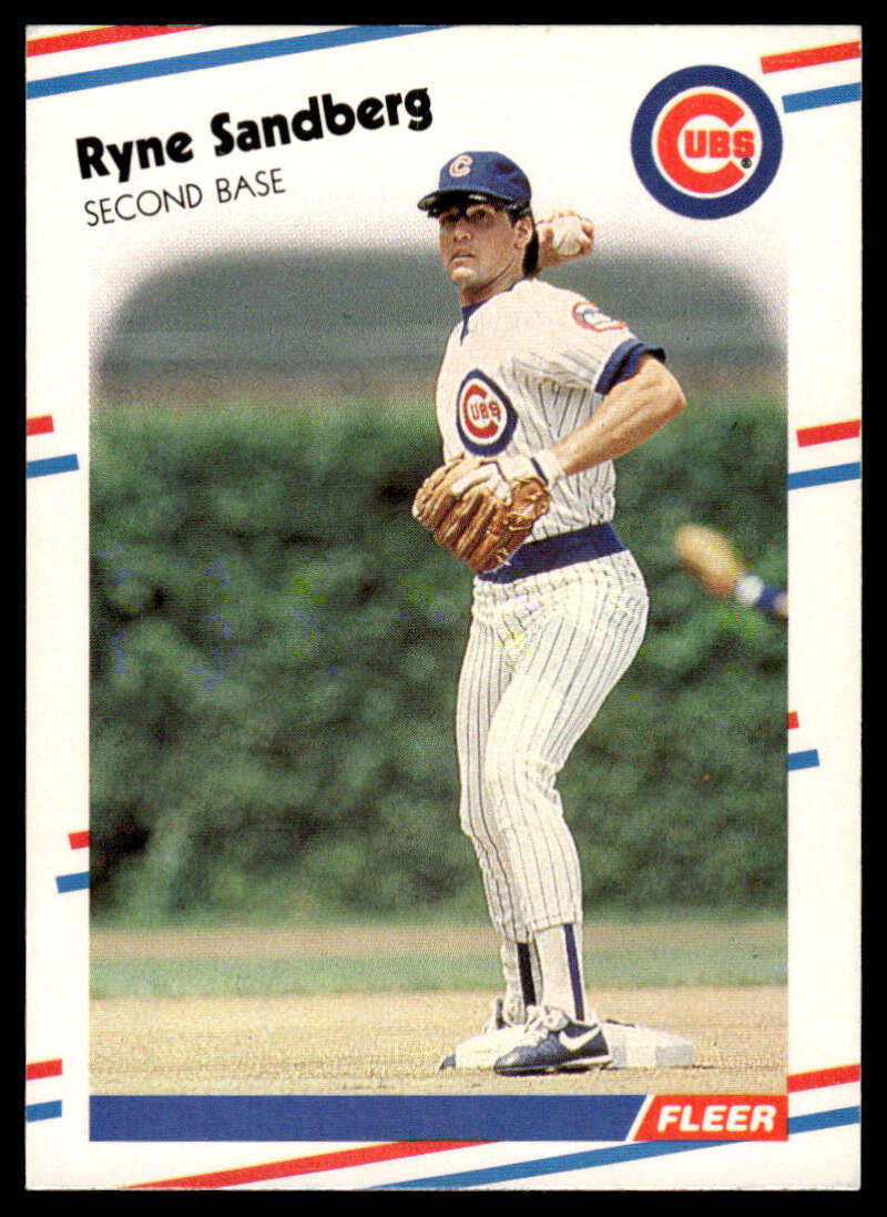 Ryne Sandberg Chicago Cubs baseball card in white pinstriped uniform from 1988 Fleer