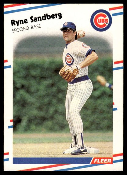 Ryne Sandberg Chicago Cubs baseball card in white pinstriped uniform from 1988 Fleer