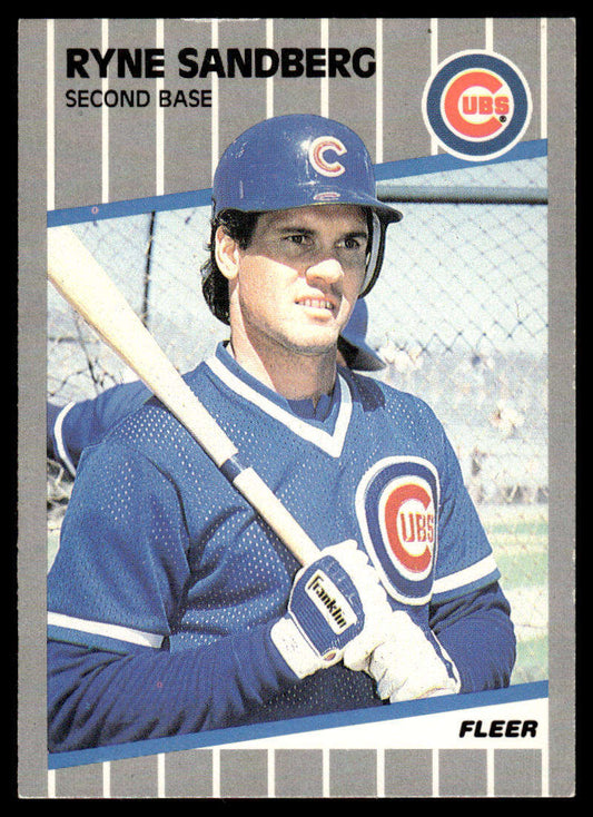 Baseball card of Ryne Sandberg in blue uniform for Chicago Cubs 1989 Fleer #437