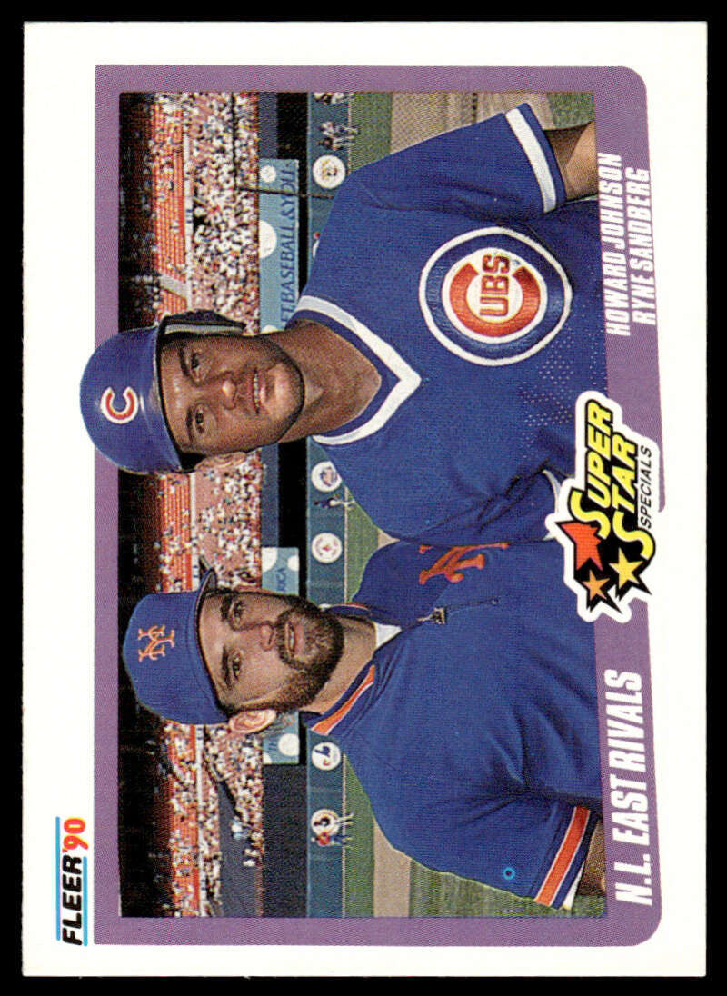 Baseball card featuring Johnson Sandberg SSS in Cubs blue uniforms against Mets