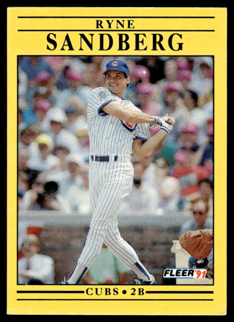 1991 Fleer Ryne Sandberg baseball card of Chicago Cubs player in pinstripe uniform at bat