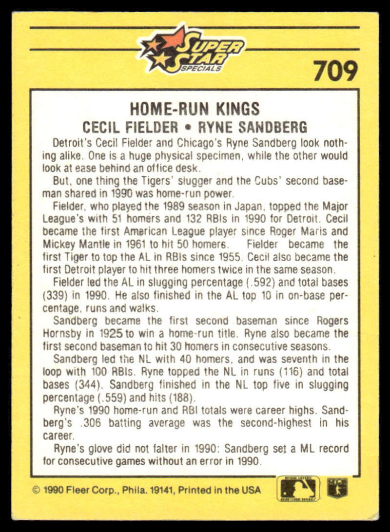 Baseball card featuring Ryne Sandberg and Cecil Fielder statistics and information