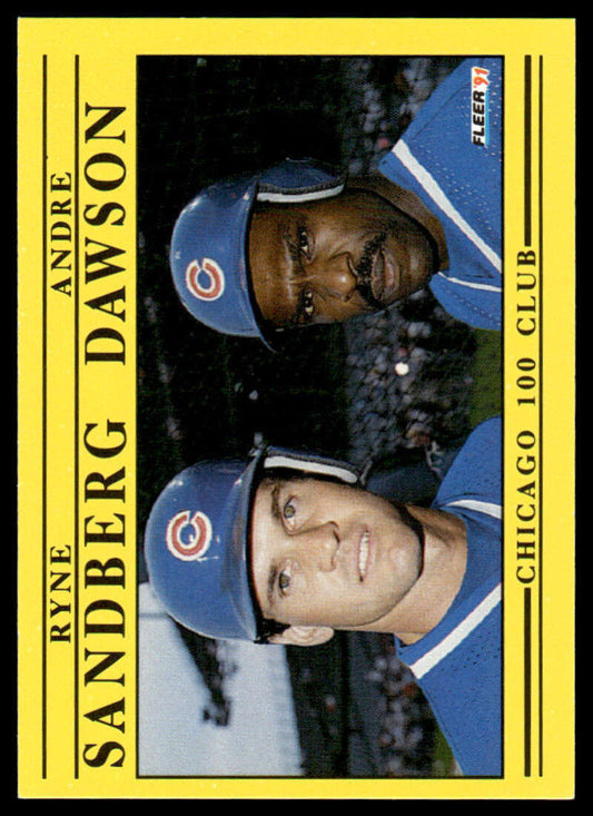 Vintage Chicago Cubs baseball card featuring Ryne Sandberg and Andre Dawson in team gear