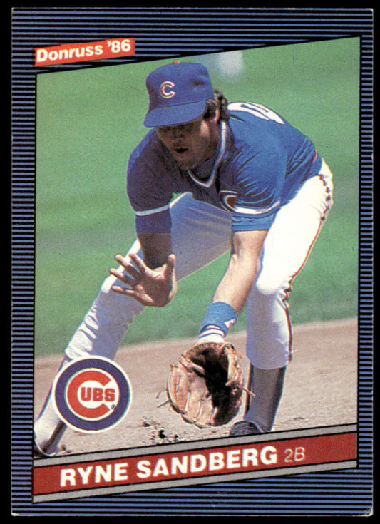 Ryne Sandberg fields a ground ball on 1986 Donruss baseball card for Chicago Cubs