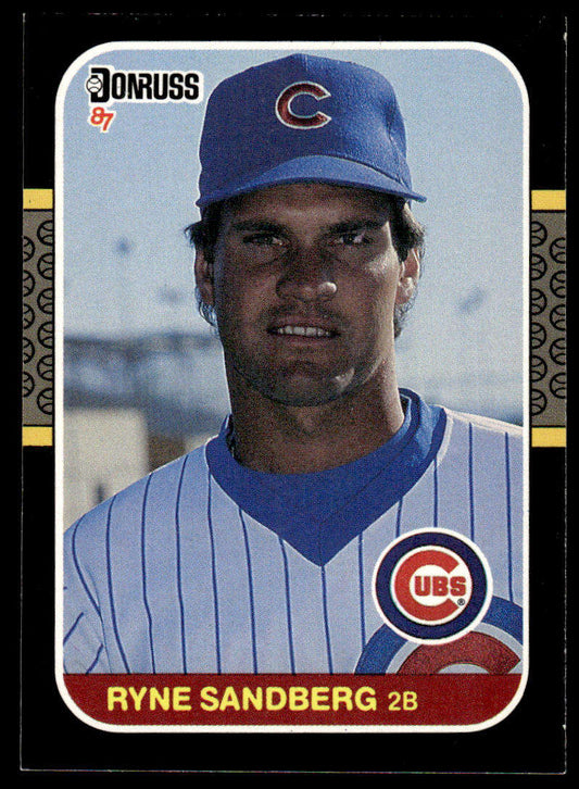 1987 Donruss Ryne Sandberg baseball card featuring Chicago Cubs home uniform