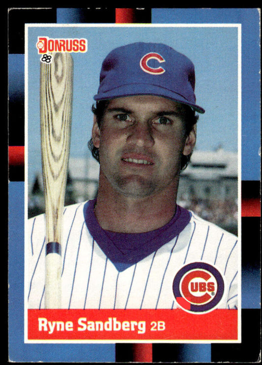 1988 Donruss Ryne Sandberg baseball card featuring Chicago Cubs player in pinstripes