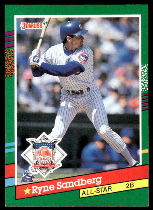 1991 Donruss Ryne Sandberg baseball card featuring Chicago Cubs player in batting stance