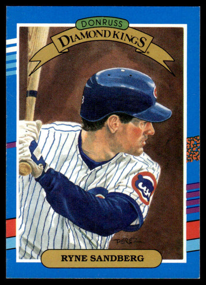 Ryne Sandberg Chicago Cubs baseball card in pinstriped uniform and blue cap