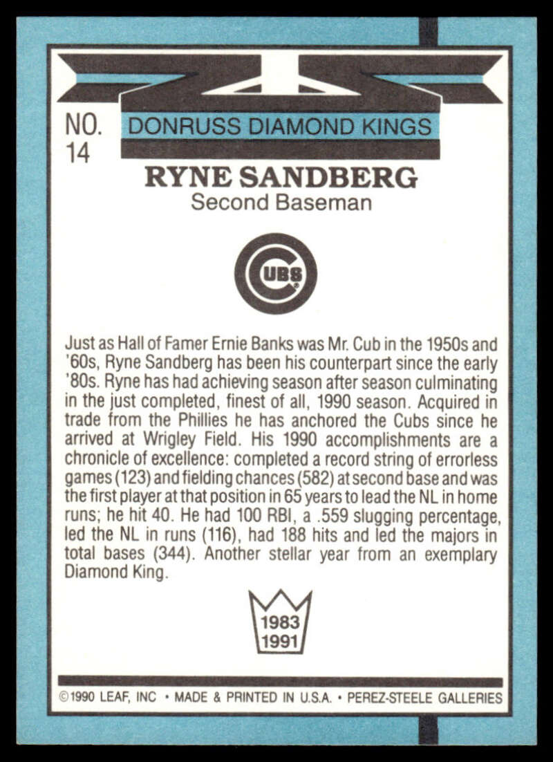 1991 Donruss #14 Ryne Sandberg baseball card featuring Chicago Cubs second baseman Ryne Sandberg