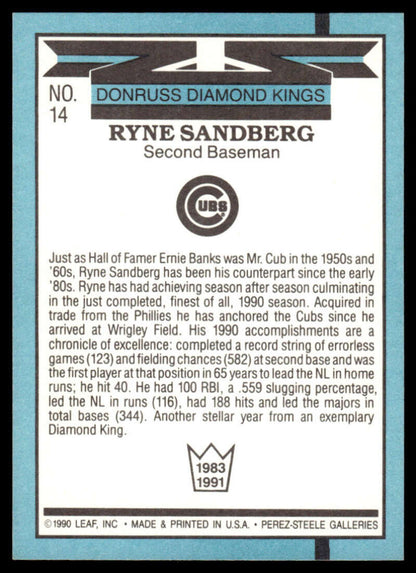 1991 Donruss #14 Ryne Sandberg baseball card featuring Chicago Cubs second baseman Ryne Sandberg