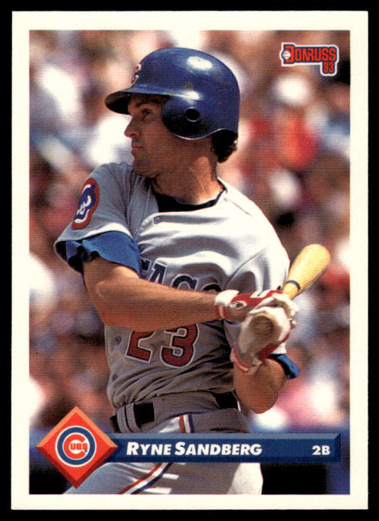 Ryne Sandberg Chicago Cubs baseball card depicting player in gray road uniform at bat