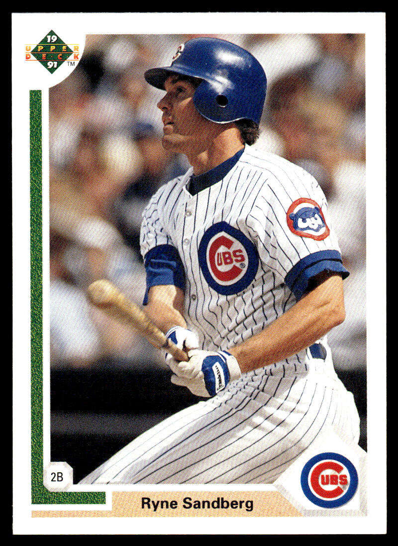 Ryne Sandberg Chicago Cubs baseball card in white pinstriped uniform at bat