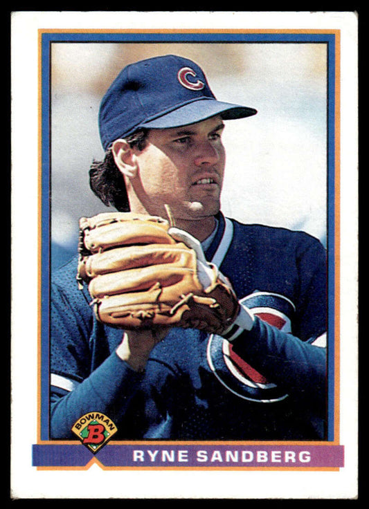 Ryne Sandberg Chicago Cubs baseball card showcasing a pitcher in blue uniform and cap