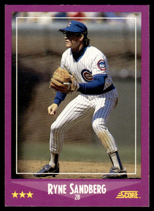 Baseball card of Ryne Sandberg in Chicago Cubs pinstriped uniform pitching stance