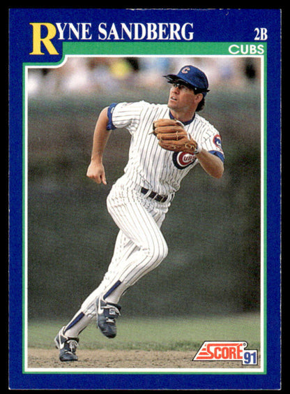 Baseball card of Ryne Sandberg making a play for the Chicago Cubs in pinstripes