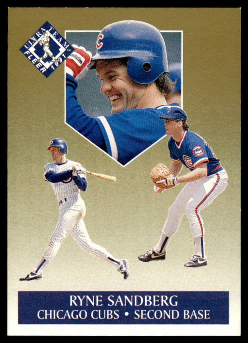 Ryne Sandberg Chicago Cubs baseball card showing multiple action poses in blue uniform