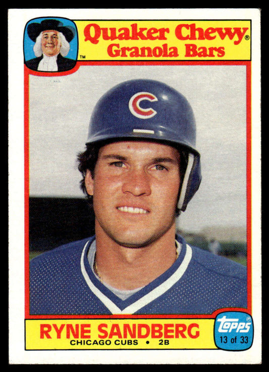 1986 Quaker Granola baseball card featuring Ryne Sandberg with Chicago Cubs batting helmet