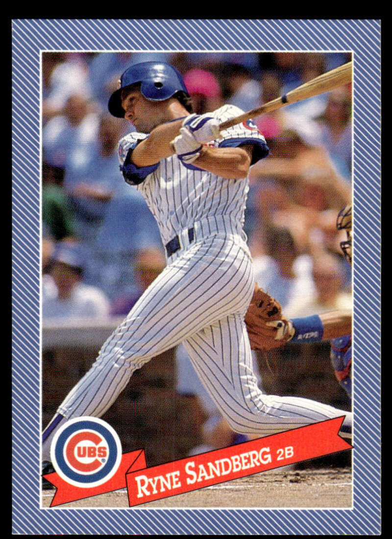 Ryne Sandberg Chicago Cubs baseball card with player in pinstripe uniform swinging bat