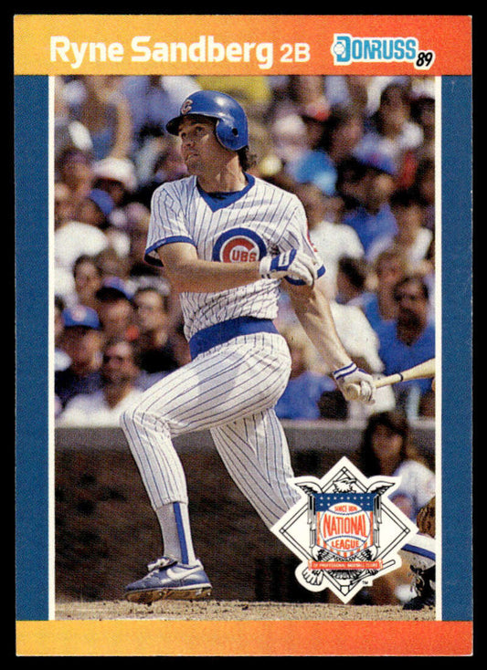 Ryne Sandberg Chicago Cubs baseball card in pinstripe uniform at bat