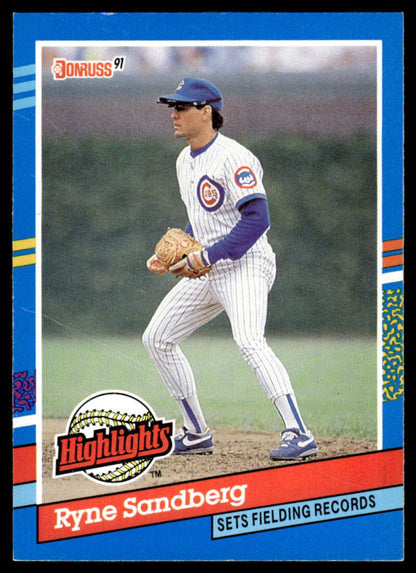 Ryne Sandberg Chicago Cubs baseball card in pinstripe uniform on pitcher’s mound