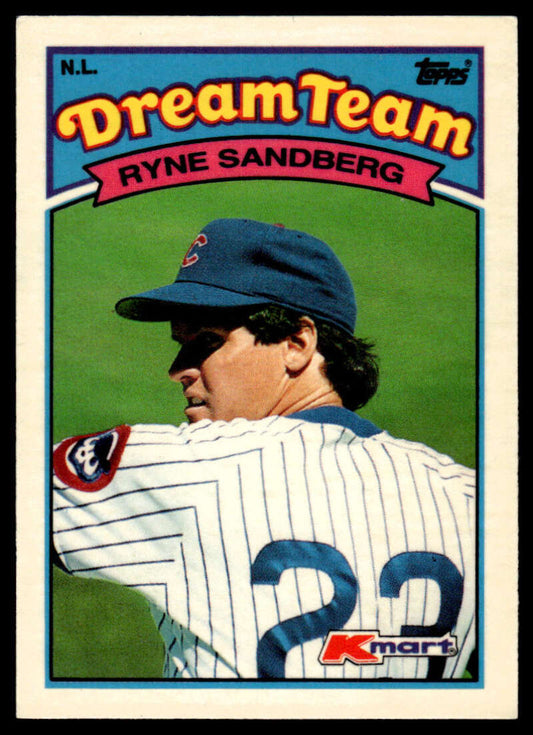 Baseball card of Ryne Sandberg in pinstriped uniform for Topps Kmart Dream Team