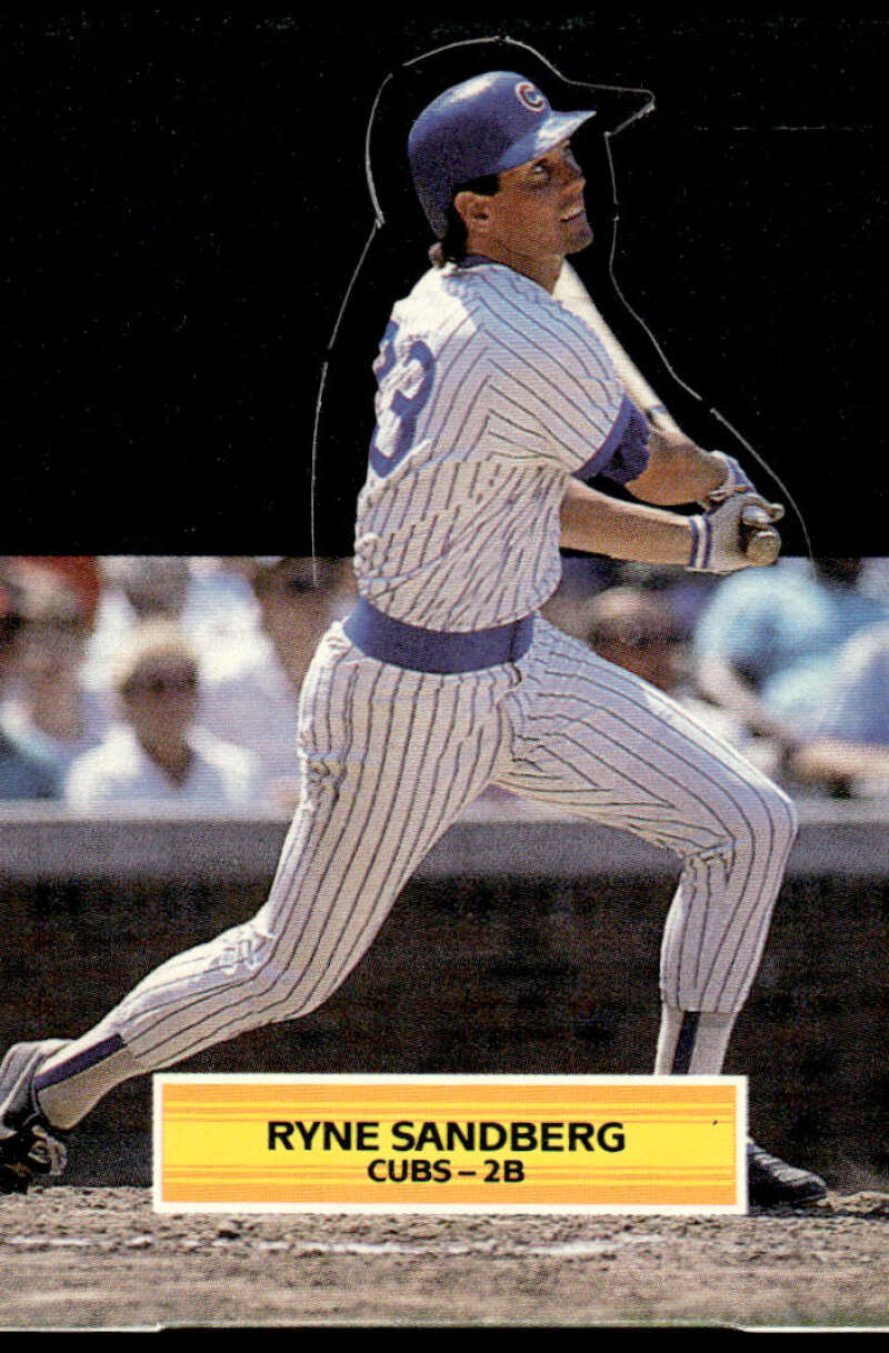 Ryne Sandberg swinging a bat in Chicago Cubs pinstriped uniform, baseball card image